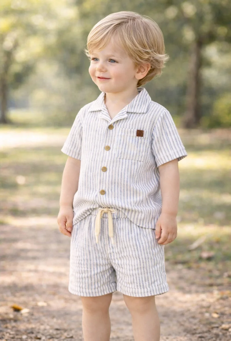 Dirkje Boys 2 Pc Set "Blue-Stripe Seersucker Shirt & Shorts Set